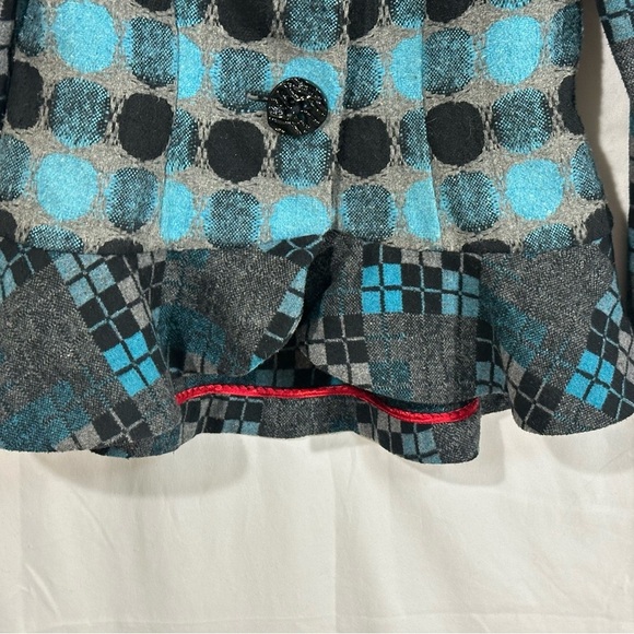 An Ren New York Wool Blend Jacket Medium Gray Blue Black Geometric Peplum Retro - Picture 3 of 8